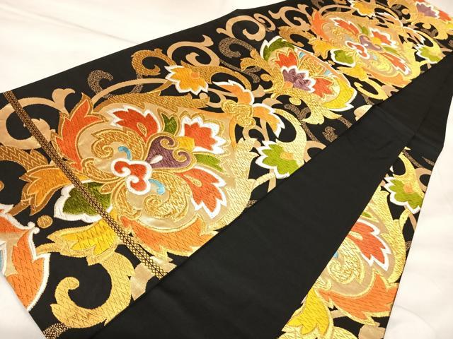 平和屋着物◎六通柄袋帯　唐織　オリエント華文　黒地　金糸　正絹　逸品　AABM9832yx