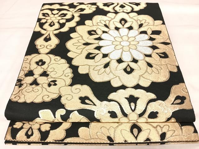 平和屋着物◎六通柄袋帯　舞花文　黒地　金銀糸　正絹　逸品　AABM9833yx