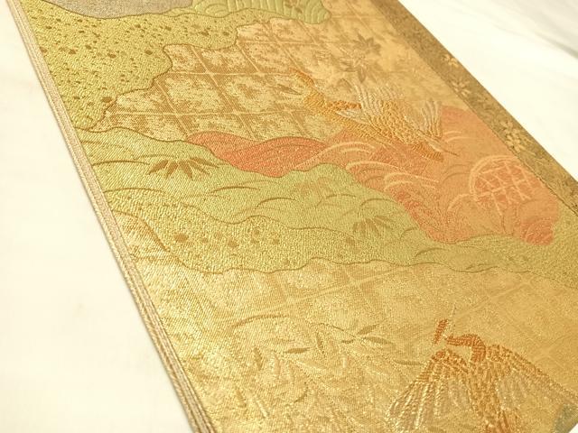 平和屋着物◎本綾佐賀錦　伝統工芸品産業功労者　岡野武一郎　六通柄袋帯　雲取り飛鶴草花文　金糸　正絹　逸品　AABM9834yx