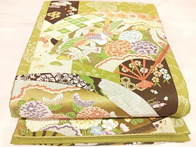平和屋着物◎六通柄袋帯　唐織　扇面鳳凰吉祥花文　金銀糸　正絹　逸品　AABM9837yx