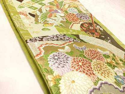 平和屋着物◎六通柄袋帯　唐織　扇面鳳凰吉祥花文　金銀糸　正絹　逸品　AABM9837yx