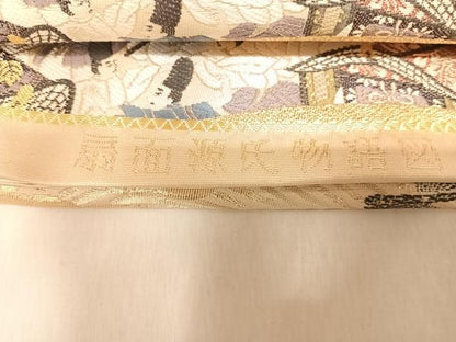 平和屋着物◎六通柄袋帯　唐織　扇面源氏物語図　金糸　正絹　逸品　AABM9842yx