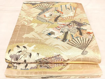 平和屋着物◎六通柄袋帯　唐織　扇面源氏物語図　金糸　正絹　逸品　AABM9842yx