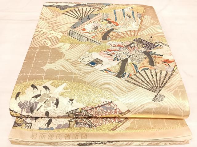 平和屋着物◎六通柄袋帯　唐織　扇面源氏物語図　金糸　正絹　逸品　AABM9842yx