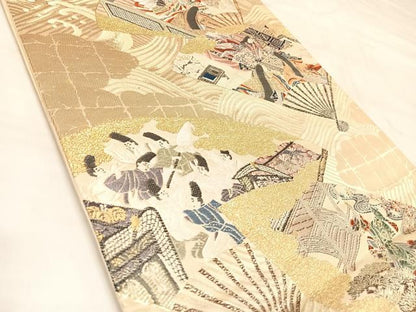平和屋着物◎六通柄袋帯　唐織　扇面源氏物語図　金糸　正絹　逸品　AABM9842yx