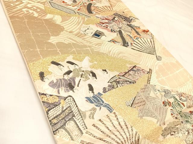平和屋着物◎六通柄袋帯　唐織　扇面源氏物語図　金糸　正絹　逸品　AABM9842yx