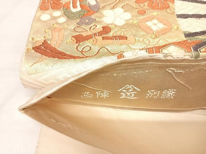 平和屋着物◎西陣　小森織物謹製　六通柄袋帯　唐織　扇面吉祥宝尽くし　金糸　正絹　逸品　AABM9843yx