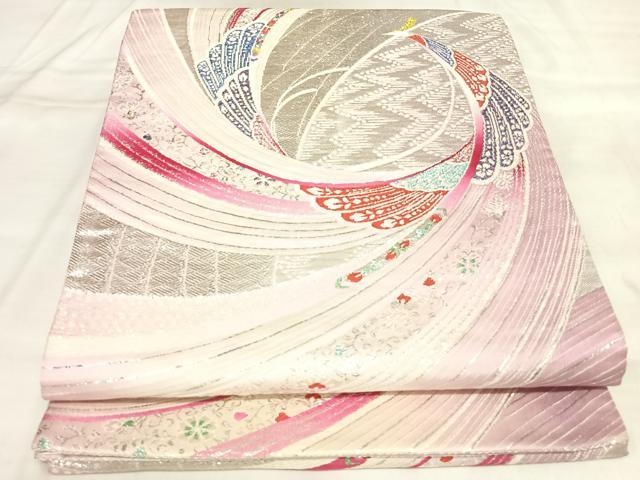 平和屋着物◎両面全通柄袋帯　唐織　孔雀花羽文　金銀糸　正絹　逸品　AABM9848yx