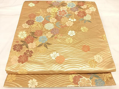 平和屋着物◎六通柄袋帯　唐織　立波草花文　金糸　正絹　逸品　AABM9857yx