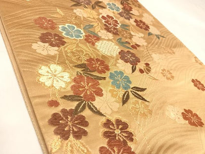 平和屋着物◎六通柄袋帯　唐織　立波草花文　金糸　正絹　逸品　AABM9857yx