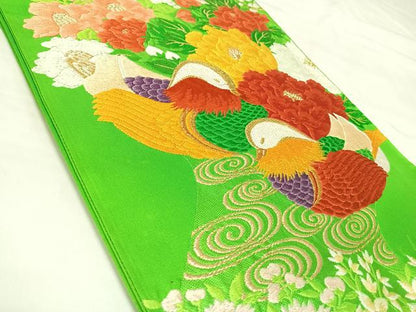 平和屋着物◎六通柄袋帯　唐織　鴛鴦花文　金糸　正絹　逸品　AABM9859yx