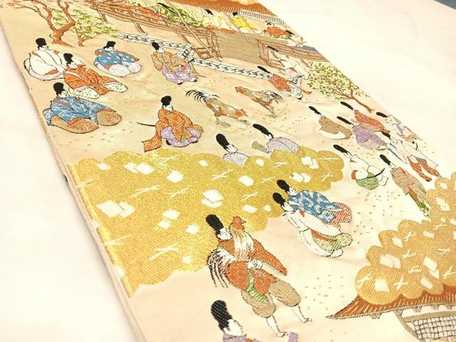平和屋着物◎六通柄袋帯　唐織　雲取古代人物文　金糸　正絹　逸品　AABM9862yx