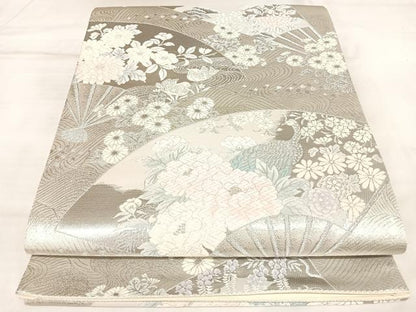 平和屋着物◎六通柄袋帯　唐織　扇面吉祥花文　九百錦　プラチナ二重箔　正絹　逸品　AABM9865yx