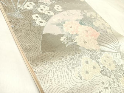 平和屋着物◎六通柄袋帯　唐織　扇面吉祥花文　九百錦　プラチナ二重箔　正絹　逸品　AABM9865yx