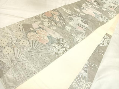 平和屋着物◎六通柄袋帯　唐織　扇面吉祥花文　九百錦　プラチナ二重箔　正絹　逸品　AABM9865yx