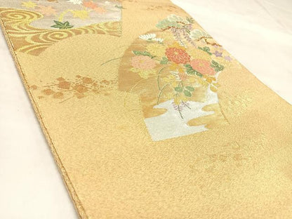 平和屋着物◎綴れ　太鼓柄袋帯　地紙草花文　金銀糸　正絹　逸品　AABM9869yx