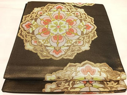 平和屋着物◎六通柄袋帯　正倉院花文　金糸　正絹　逸品　AABM9873yx
