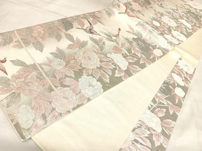 平和屋着物◎六通柄袋帯　唐織　花鳥文　銀糸　正絹　逸品　AABM9878yx