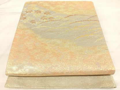 平和屋着物◎六通柄袋帯　流水雪芝花文　金糸　正絹　逸品　AABM9894yx