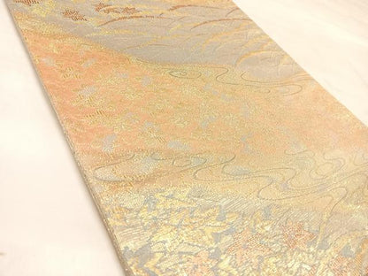 平和屋着物◎六通柄袋帯　流水雪芝花文　金糸　正絹　逸品　AABM9894yx