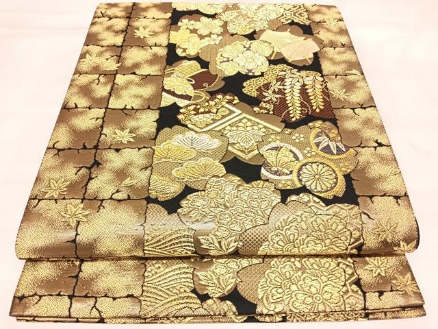 平和屋着物◎六通柄袋帯　吉祥花間道　黒地　金糸　正絹　逸品　AABM9901yx