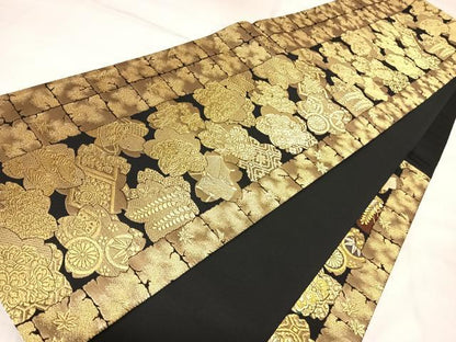 平和屋着物◎六通柄袋帯　吉祥花間道　黒地　金糸　正絹　逸品　AABM9901yx
