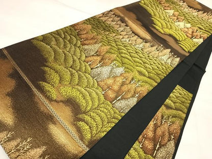 平和屋着物◎六通柄袋帯　雲取り樹林文　金糸　正絹　逸品　AABM9927yx
