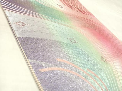 平和屋着物◎六通柄袋帯　唐織　流水文　銀糸　正絹　逸品　AABM9930yx