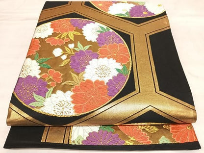 平和屋着物◎六通柄袋帯　唐織　亀甲舞花文　黒地　金糸　正絹　逸品　AABM9933yx