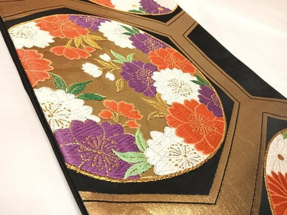 平和屋着物◎六通柄袋帯　唐織　亀甲舞花文　黒地　金糸　正絹　逸品　AABM9933yx