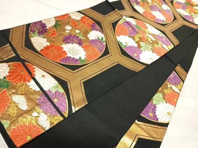 平和屋着物◎六通柄袋帯　唐織　亀甲舞花文　黒地　金糸　正絹　逸品　AABM9933yx