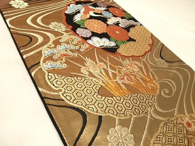 平和屋着物◎六通柄袋帯　唐草　雪輪立波飛鶴吉祥松花文　金糸　正絹　逸品　AABM9952yx