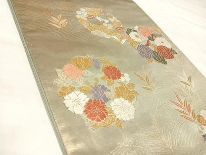 平和屋着物◎六通柄袋帯　唐織　流水花丸文　金糸　正絹　逸品　AABM9953yx