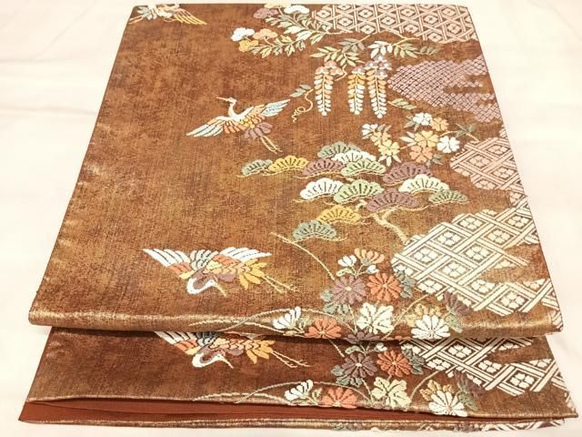 平和屋着物◎六通柄袋帯　唐草　唐織霞摺箔　飛鶴松花菱文　金糸　引箔　正絹　逸品　AABM9954yx
