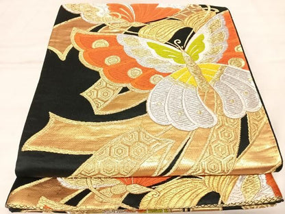平和屋着物◎六通柄京袋帯　唐織　熨斗花蝶文　黒地　金銀糸　正絹　逸品　AABM9955yx