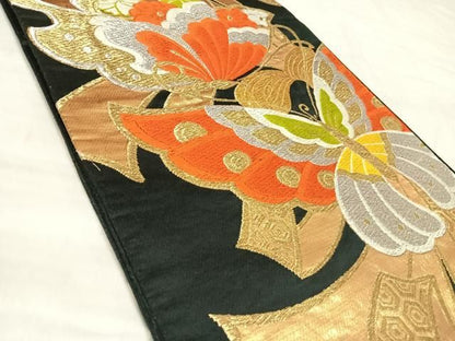 平和屋着物◎六通柄京袋帯　唐織　熨斗花蝶文　黒地　金銀糸　正絹　逸品　AABM9955yx