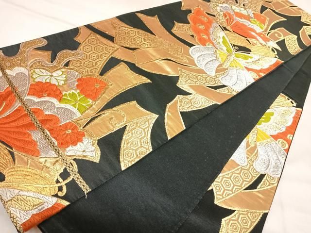 平和屋着物◎六通柄京袋帯　唐織　熨斗花蝶文　黒地　金銀糸　正絹　逸品　AABM9955yx