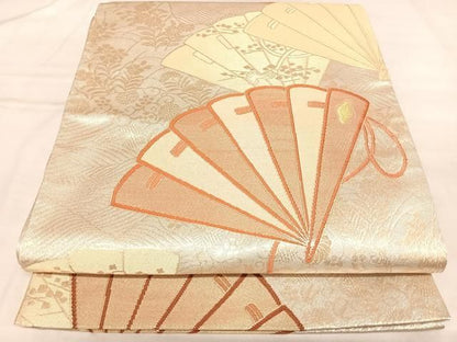 平和屋着物◎六通柄袋帯　唐織　扇面重ね流水草花文　金銀糸　正絹　逸品　AABM9956yx