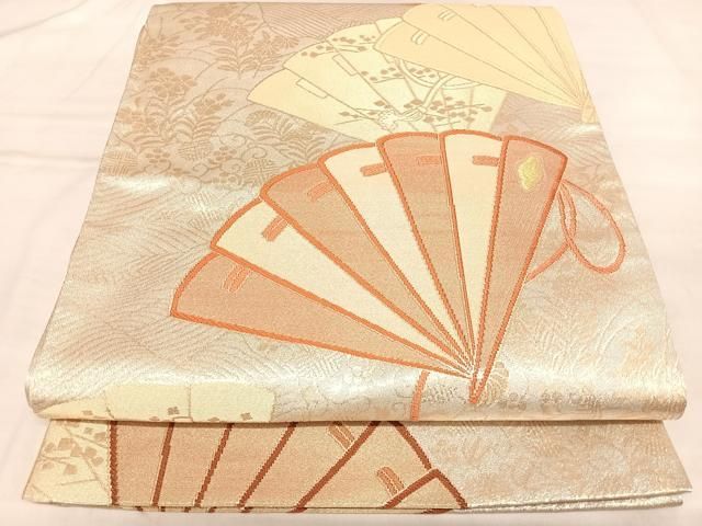 平和屋着物◎六通柄袋帯　唐織　扇面重ね流水草花文　金銀糸　正絹　逸品　AABM9956yx