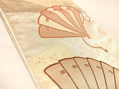 平和屋着物◎六通柄袋帯　唐織　扇面重ね流水草花文　金銀糸　正絹　逸品　AABM9956yx