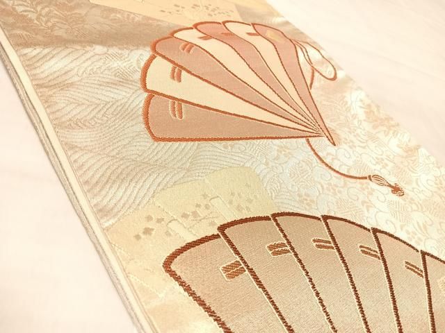 平和屋着物◎六通柄袋帯　唐織　扇面重ね流水草花文　金銀糸　正絹　逸品　AABM9956yx