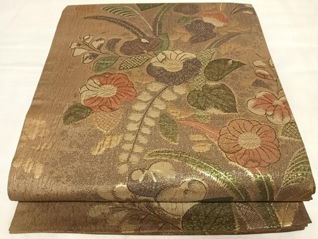 平和屋着物◎六通柄袋帯　辻が花　草花文　ふくれ織　金糸　正絹　逸品　AABM9965yx