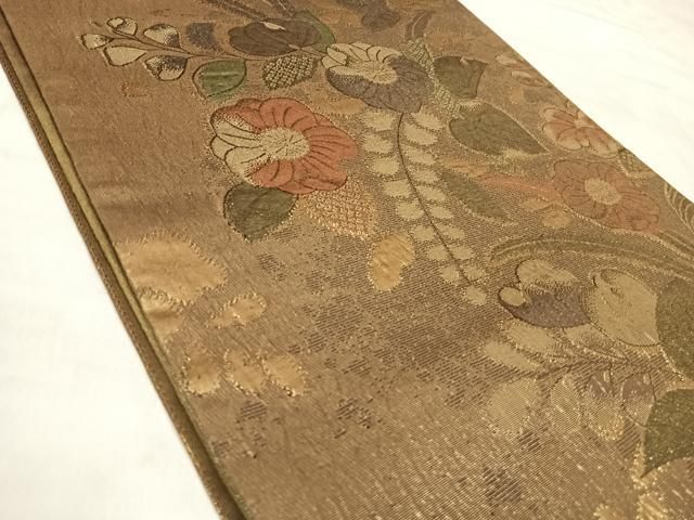 平和屋着物◎六通柄袋帯　辻が花　草花文　ふくれ織　金糸　正絹　逸品　AABM9965yx