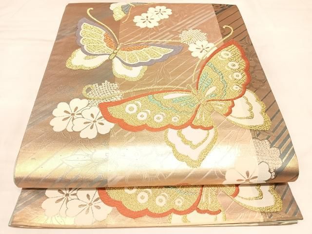 平和屋着物◎全通柄袋帯　唐織　花間道　舞蝶文　金銀糸　正絹　逸品　AABM9971yx
