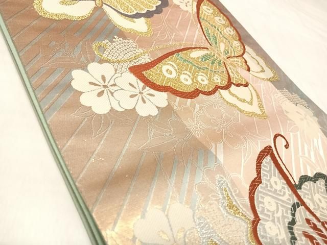 平和屋着物◎全通柄袋帯　唐織　花間道　舞蝶文　金銀糸　正絹　逸品　AABM9971yx