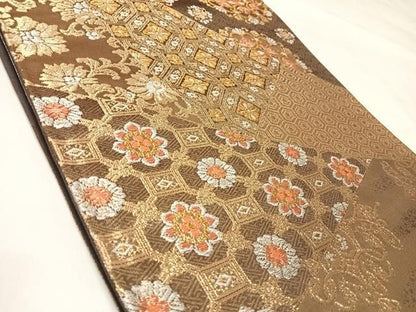 平和屋着物◎六通柄袋帯　裂取正倉院吉祥花文　金銀糸　正絹　逸品　AABM9979yx