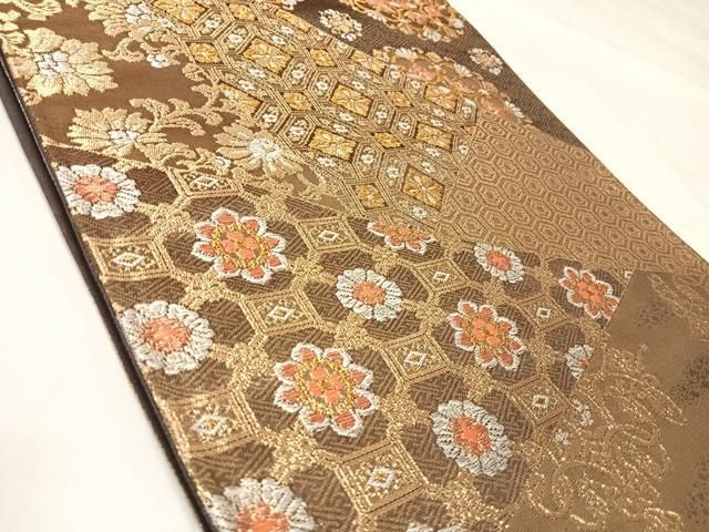 平和屋着物◎六通柄袋帯　裂取正倉院吉祥花文　金銀糸　正絹　逸品　AABM9979yx