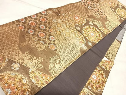 平和屋着物◎六通柄袋帯　裂取正倉院吉祥花文　金銀糸　正絹　逸品　AABM9979yx