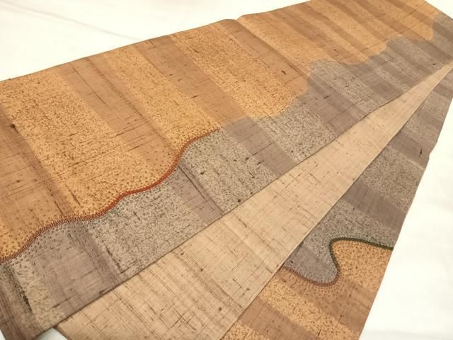 平和屋着物◎太鼓柄袋帯　紬地　相良刺繍　道長文　正絹　逸品　AABM9980yx