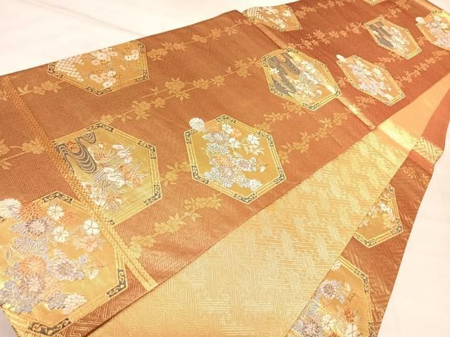平和屋着物◎佐賀錦　太鼓柄袋帯　唐織　紗綾形鳳凰鴛鴦枝花文　金糸　正絹　逸品　AABM9982yx